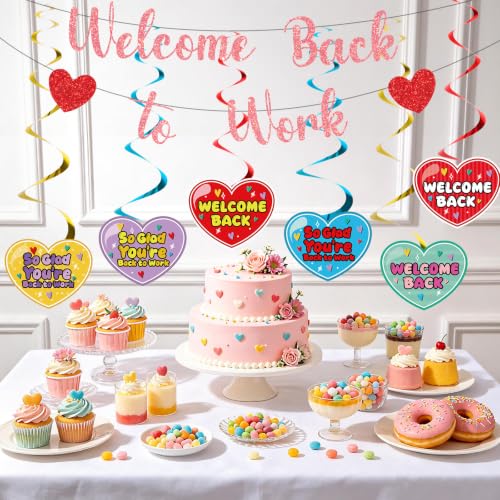 Image of Welcome Back To Work Decoration Banner So Glad You're Back To Work Banner and Hanging Swirls for Office Party Supplies - Rose Gold