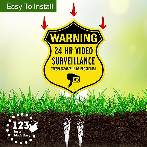 Image of Warning, 24 Hr Video Surveillance Sign, 7x13, Heavy Duty Integrated Ground Stakes, Indoor /Outdoor Use, Rust Free Aluminum Composite, Made in USA by My Sign center