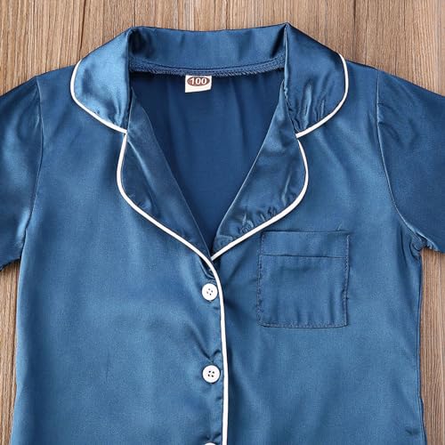 Toddler Baby Kids Satin Summer Pajamas Set Short Sleeve Button-Down Pajamas Top Pants 2Pcs Loungwear Sleepwear Pjs (A Blue, 2-3 Years)