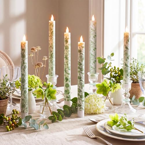 Lyrow 6 Pcs Green Floral Flameless Taper Candles 11 Inch Flower Candles Battery Operated LED Candlesticks for Spring Summer Home Garden Decor Simple