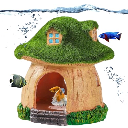 DXQCHDUO Fischhaus für Aquarium, Kunstharz-Dekoration, Pilzhaus, Fischhöhle, Garnelenversteck mit lebensechtem Moos, Reptilien, Fische und Garnelen, Landschafts-Höhlendekoration
