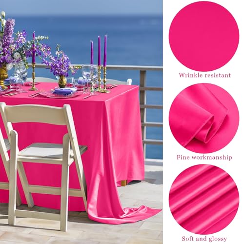Image of TURSTIN 4 Packs Hot Pink Satin Tablecloth 102 x 58 Inch Overlay Satin Table Cover Rectangle Bright Silk Tablecloth Smooth Fabric Table Decoration for Wedding Banquet Party Events