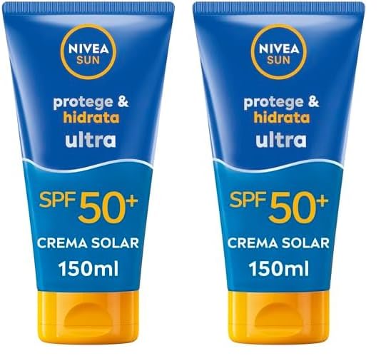 NIVEA SUN Protege & Hidrata Ultra FP50+, crema solar con 48h de hidratación (1 x 150 ml), protector solar ultra resistente al agua, crema hidratante con protección solar UVA & UBV (Paquete de 2)