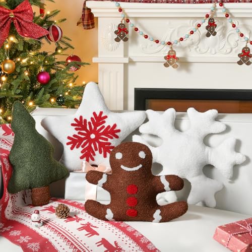 Lewondr 4 Pack Christmas Throw Pillows, Christmas Tree Gingerbread Man