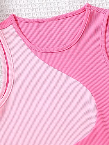 Image of SHENHE Girl's Colorblock Ribbed Knit Round Neck Sleeveless Slim Fit Tank Top Pink 9Y