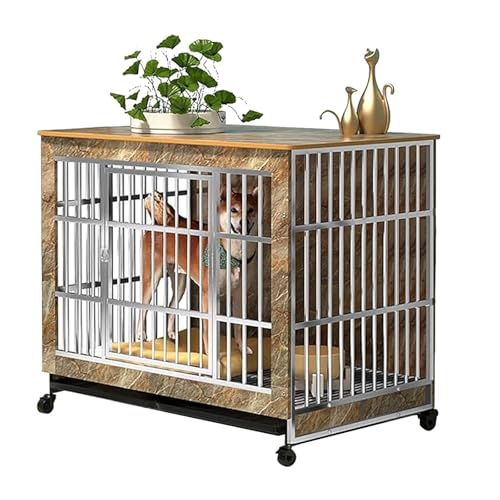 木製犬用クレート、ステンレス製犬用クレート、頑丈な犬用クレート、普遍的な車輪付きのモダンなサイドテーブル、360°回転、自由な動き、中型犬や小型犬に適しています。(Marble,98cm/39in)