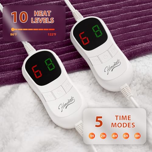 Image of Homemate Electric Heated Blanket Queen Size - 84 inchx90 inch Heating Blanket Queen Size Dual Control 1 /2 /4 /6 /8 Hours Auto-Off 10 Heat Level Over-Heat Protection Soft Flannel Sherpa ETL Certification