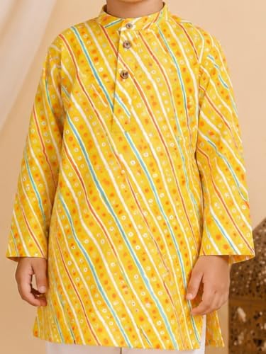 Image of superminis Cotton Boys Sanganeri Lehariya Printed Kurta Set with White Pyjama Elastic Closure