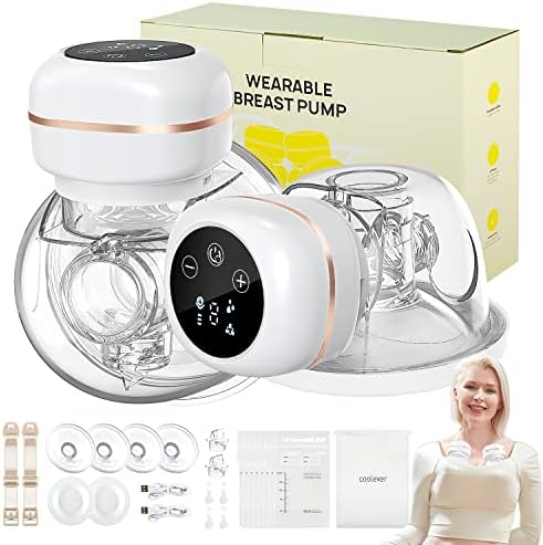 Coolever Wearable Breast Pump Hands Free, Great Suction for Electric Breast Pump, No Milk Leakage Portable Breast Pump, Low Noise&Pain Free, LCD Display, 3 Modes&9 Levels, 19+22+26mm Flanges, 2 Pack
