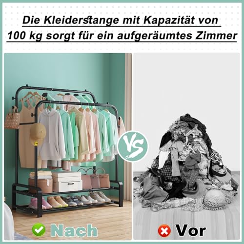 SMILOVII Multifunktionalen freistehenden Kleiderständer mit Doppelruten-Design kleiderbügel, 8 Haken und 2 Schuhregalen können, für Schlafzimmer Garderobenständer-Schwarz