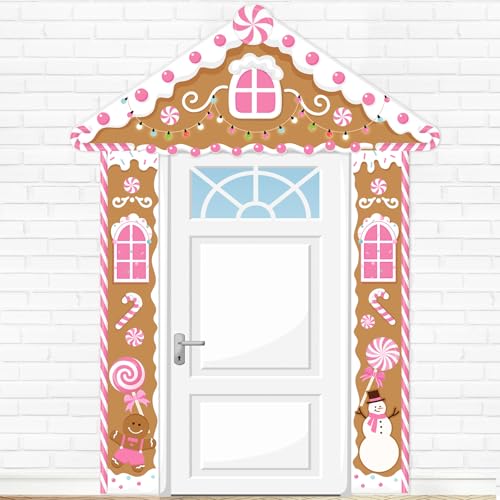 Image of Funrous Door Banner Party Decor Porch Banner Door Sign Set Photo Booth Props Backdrops for Birthday Baby Shower Outdoor Indoor House Porch Decorations (Pink,Gingerbread)