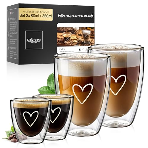 ElbFuchs® Tasse double paroi espresso et latte COEUR [2x 80ml + 2x 350ml] Tasse espresso transparente | Verre double paroi | Tasse à café original | Tasses à expresso double paroi