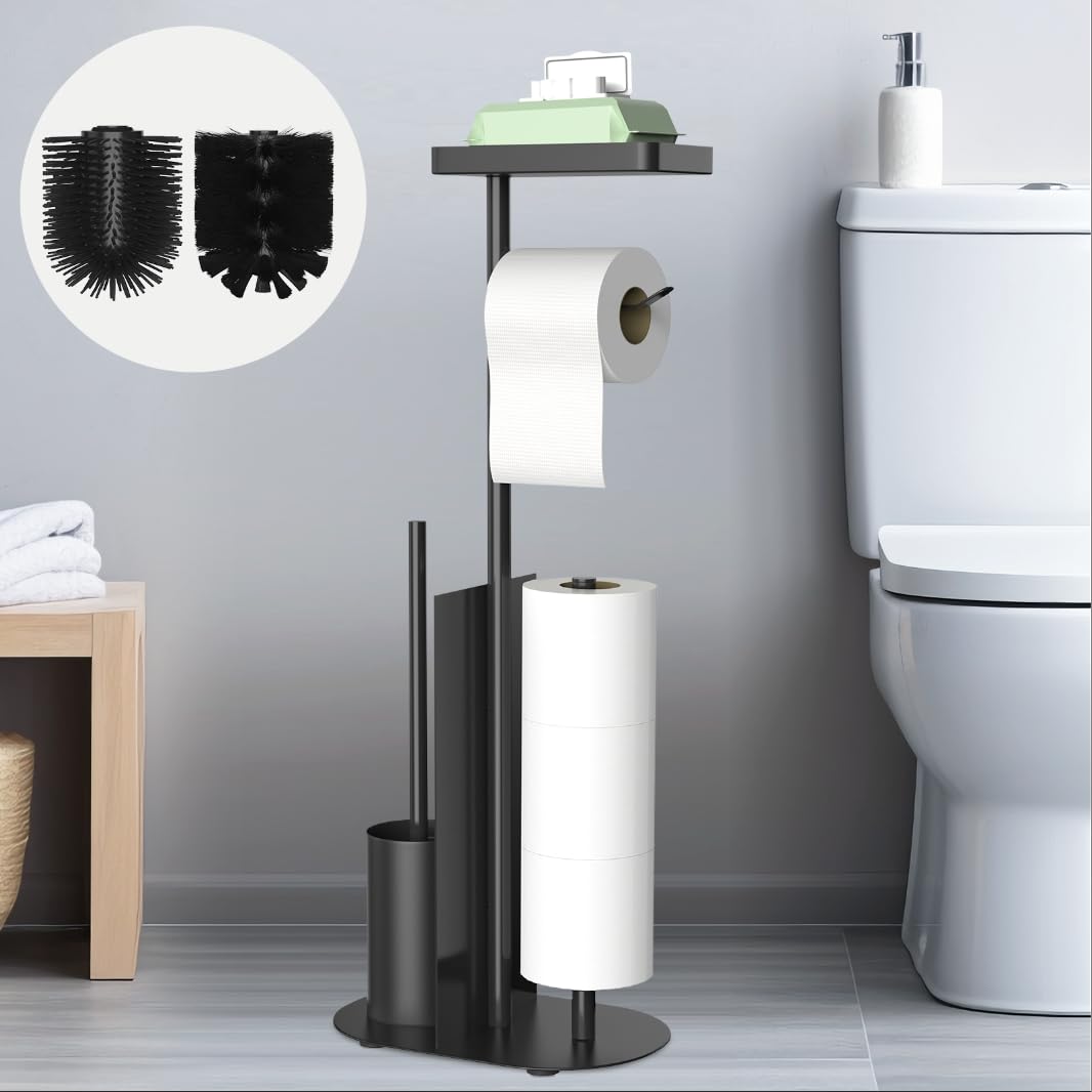 Edelstahl Klopapierhalter Stehend, Toilettenpapierhalter mit Feuchttücher Box, für Toilettenpapier & Toilettenbürste (Schwarz)