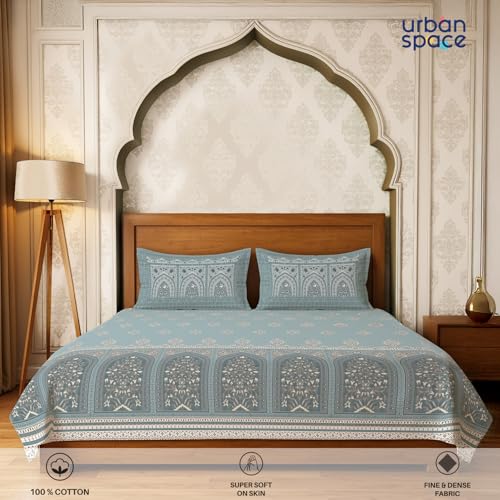 Image of Urban Space Regal 300 TC 100% Cotton Bedsheet for Double Bed, Panel Design Bedsheet, Printed Queen Size Bed Sheet with 2 Pillow Covers (90 x 108 Inches, Jharokha Dusty Blue)