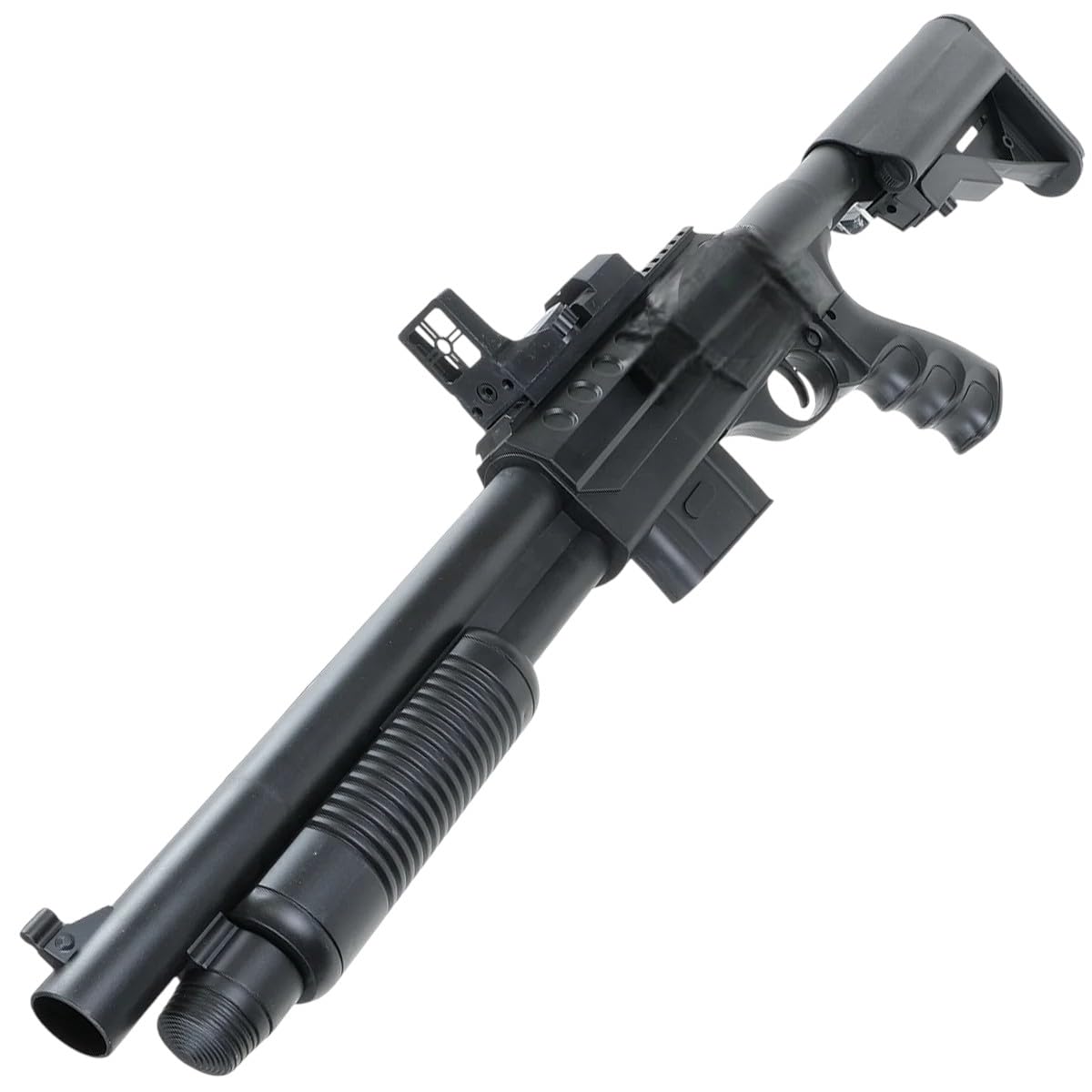 Softair Pumpgun 6 mm < 0,5 J - Federdruck Schrotflinte mit 100-Schuss Magazin, Spielzeug Airsoft Gewehr 67cm, ab 14 Jahren Erbsen Pistole schwarz manuell Einzelschuss