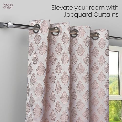 Image of haus & kinder Jacquard Window Curtain 5 Feet (130x152 cm) - Sand Classic Damask Design Decorative Curtain for Living Room & Bedroom | Sandalwood Heritage Premium Window Curtain | Pack of 1