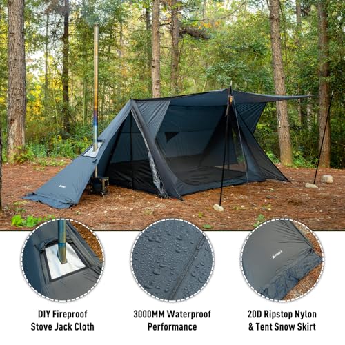 Image of POMOLY Hot Tent Bushcraft Tent, STOVEHUT 20 Ultralight Shelter with 4 Poles for 1-2 Person Camping, Hiking, Backpacking (Blue Grey)