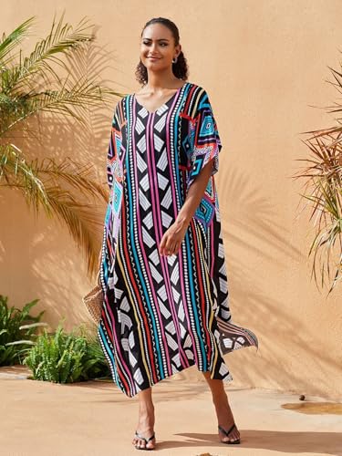 Image of KECVOT Kaftan Dresses for Women V-Neck Print Swimsuit Cover Up Plus Size Beach Caftan Lounge Dress