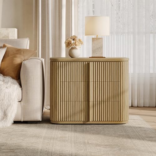 Image of SICOTAS Fluted Night Stand with 3 Storage Drawers, Oversized Extra Large Nightstand Bedside Table with Solid Wood Handle, Modern Night Stands End Table for Bedroom Sofa Couch Office