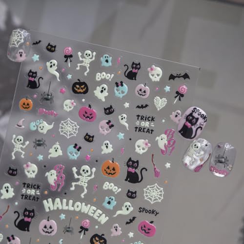 Image of Halloween Nail Stickers Decals Pastel Ghost Skeleton Pumpkin Nail Decals | Cat Spider Nail Decals Glow In The Dark Designs 5D Embossed Self-Adhesive Nail Charms Cute Spooky Style for Holiday Manicure