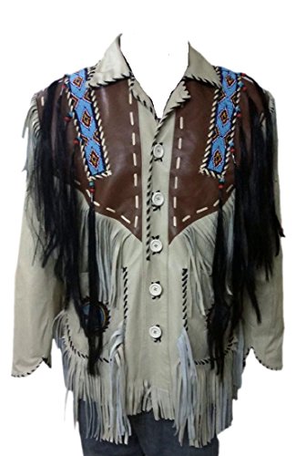 LEATHERAY Men's Fashion Western Genuine Cowboy Jacket Native American Wears Fringed & Beaded Jacket Cow Leather Beige XS