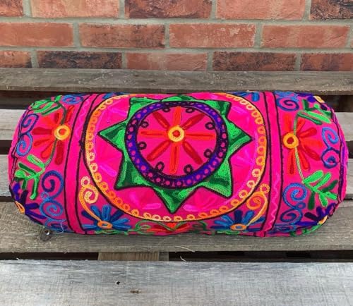 Nackenrolle Boho-Kissenbezug aus Baumwolle, 46 x 18 cm, rund, zylindrisch, für Yoga, Meditation, Reisen, Bodenkissen, bestickt, Rücken-Nacken-Mutterschaftskissenbezug [Nur Abdeckung] (Rose)