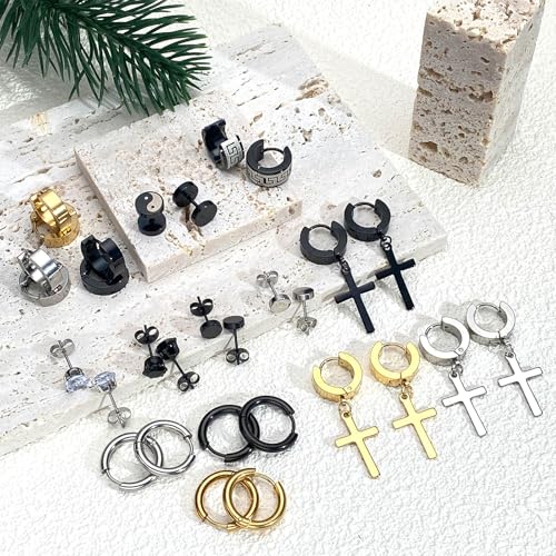 15 Pairs Earrings for Men, Black Silver 14K Gold Plated Stainless Steel Earrings Stud Hoop for Men Women, Fashion Ear Piercing Jewelry Cross Dangle Hoop Earrings Set2