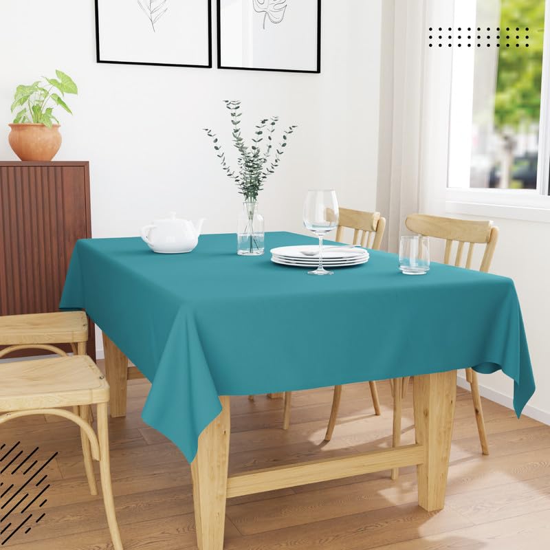 Image of Encasa XO Dining Table Cover Cloth for 4 to 6 Seater | 140x180 cm Cotton Canvas Rectangular Table Cloth | Machine Washable Tablecloth for Indoor & Outdoor Use - Azul Blue Solid Color