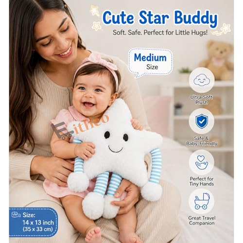 Image of EITHEO Star Soft Pillow Plush Toy for Kids & Babies | Cute Stuffed Star Cushion with Arms & Legs | Soft Cuddly Toy for Boys & Girls | Nursery Decor, Car Pillow & Birthday Gift