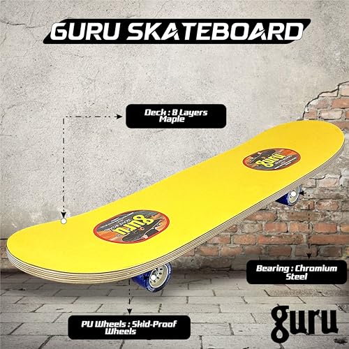 Image of GURU Skateboard, Wooden Non-Slip Skateboard for Kids, Adult, Casterboard /Skate Board /Hoverboard /Longboard for Beginners, Learners, Training Purpose for All Age Group