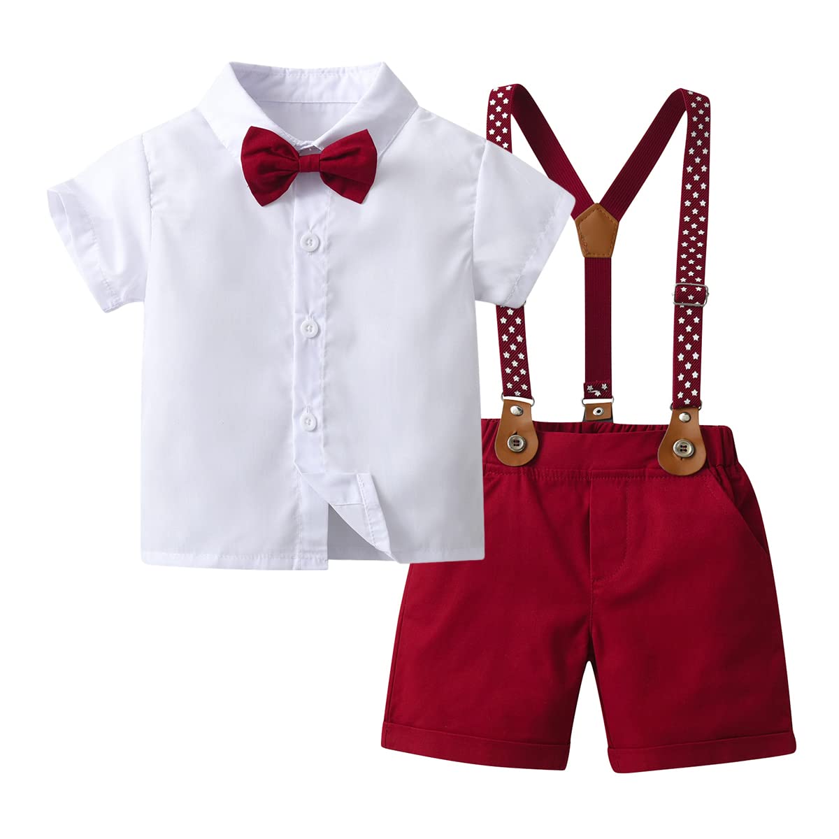 PureMilk Toddler Formal Set Boys Gentleman Outfit Suits, Short Shirt+Short Pants Set+Suspender+Bow Tie 4Pcs 3-4T