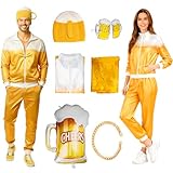 Bier Kostüm, 90er 80er Jahre Kostüm Erwachsene Retro Outfit, Bier Trainingsanzug für Männer Frauen, Bieranzug mit Goldkette Bierhut Brille Bierfolienballon für Karneval Halloween Oktoberfest (L-XL)
