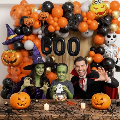 Image of Halloween Balloon Garland Arch Kit, 147Pcs DIY Haloween Party Supplies Latex Balloon with Spider Pumpkin Ghost Skeleton Boo Foil Balloon for Halloween Day Haunted House Theme Big Decorations
