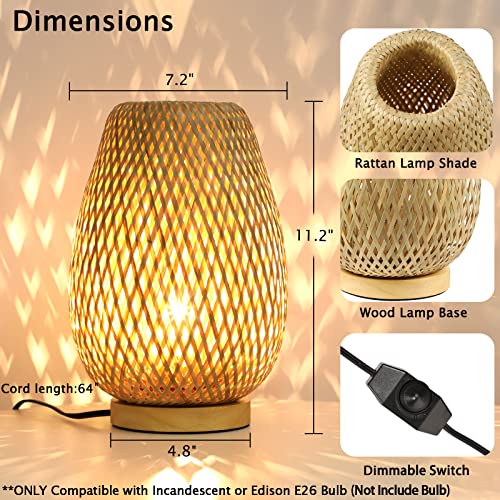 Capslpad Dimmable Rattan Table Lamp Bamboo Woven Boho Beside Lamp Small Wicker Desk Lamp Decorative Vintage Wooden Nightstand Lamp For Bedroom,Living Room,Kids Room,Nursery Room Decor #TOP3