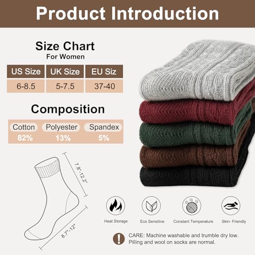 Caudblor 5Pack Winter Cotton Crew Sock For Women，Size 5-10(36-40)4