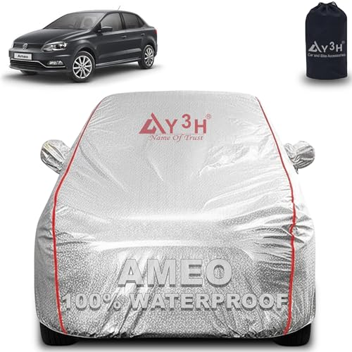 Image of 100% Waterproof Car Cover Compatible with Volkswagen Ameo | All Weather, Dust Proof, UV Protective with Mirror Pocket (Silver Magic)