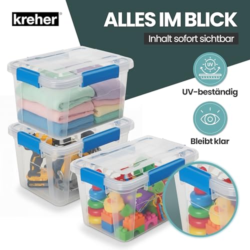 Kreher® Aufbewahrungsbox 18 Liter mit Deckel – wasserdicht & staubdicht, transparent & stapelbar, BPA- & schadstofffrei, robuste Kunststoffbox mit Silikondichtung & 4 Clips (2, 18 Liter)
