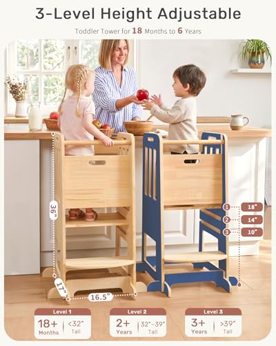 Image of WINGYZ Toddler Tower - Anti-Tip Natural Wood Learning Stool Helper for Kids 18M-6Y, 150lb Capacity Kitchen Stool with 3-Height Adjustable Platform and Sliding Door Access, 20lb Portable Design, DK BLU