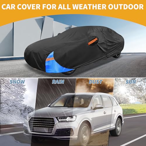 Image of Universal Car Cover Waterproof All Weather 190T Polyester, UV Sun Rain Protection, Fits for Sedan Length Up to 177 inch, with Left Side Zipper, Black & Blue