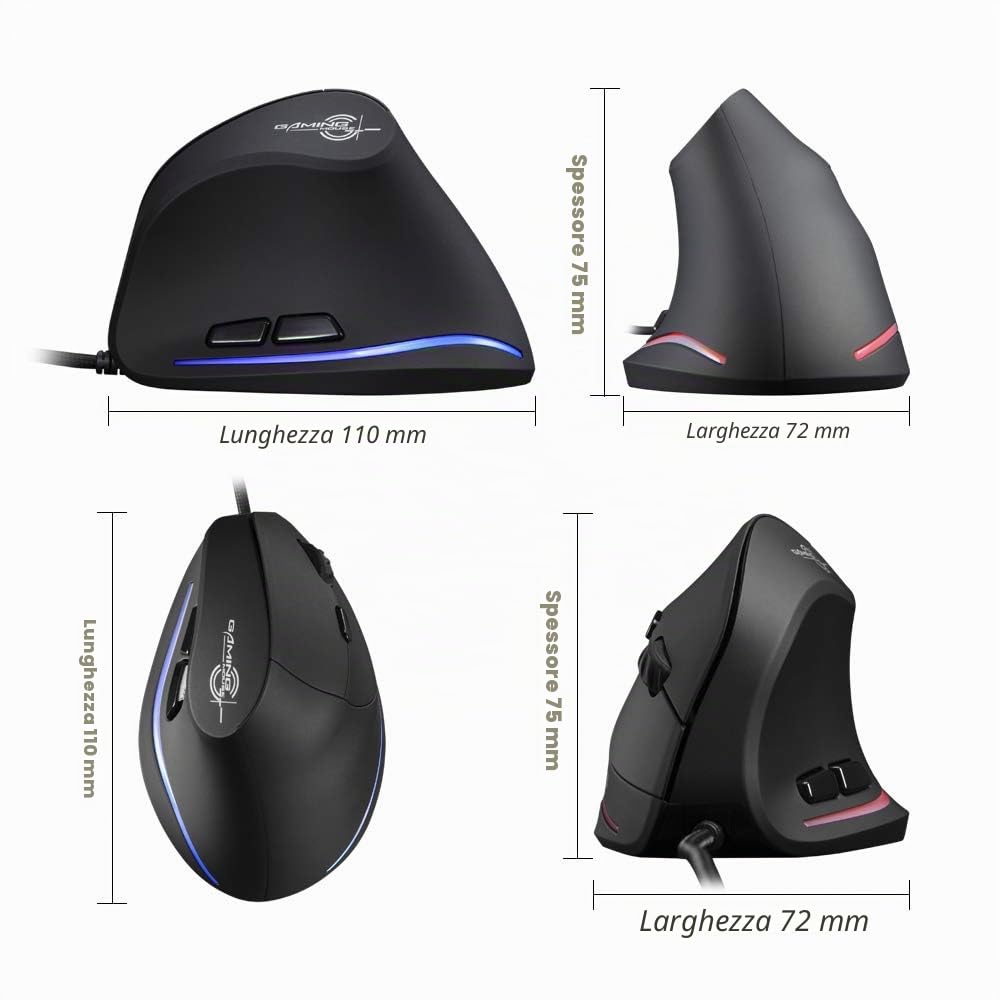 zelotes Mouse Verticale Cablata, 3200DPI,6 Pulsanti,Protegge Il Braccio,Illuminazione a LED,Design Ergonomico,Mouse con Filo Ottico USB per PC,Laptop,Mac,Nero