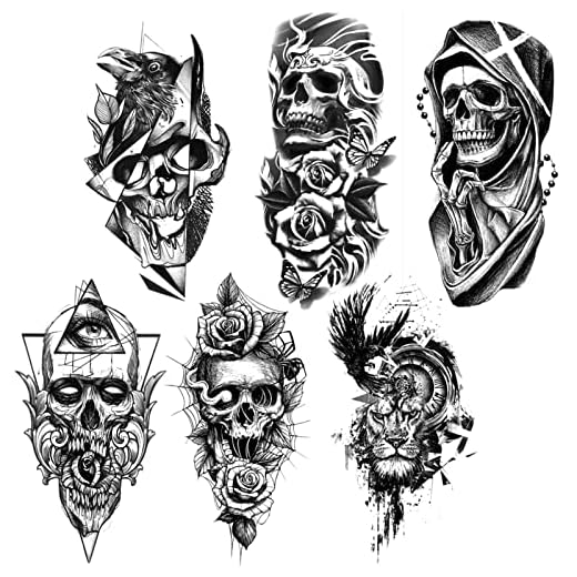 Qpout Calavera Tatuajes Temporales para Adultos, 6 Hojas Calavera Esqueleto Tatuajes Falsos para Hombres Mujeres, Calavera Tatuajes Temporales Realistas Tatuajes, Halloween Día de los Muertos Tatuajes