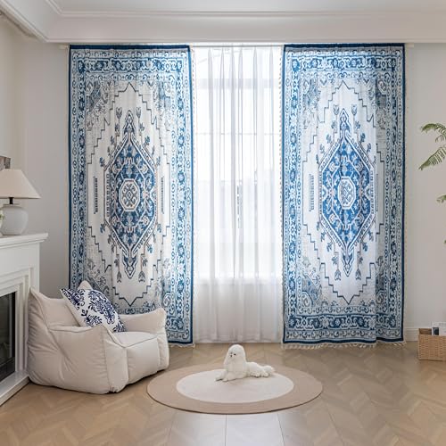 Image of Blue Geometric Curtains 96 Inches Long, Boho Farmhouse Light Filtering Rod Pocket Drapes with Tassel Trim for Bedroom Living Room, 2 Panels