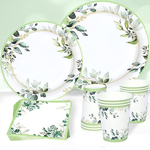 QIFU Vaisselle Jetable Anniversaire Vert - 96pcs Assiettes Jetable Anniversaire Verts Assiette Carton, Gobelets, Serviettes pour Decoration Anniversaires...
