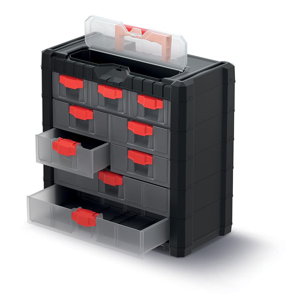 Organizer do skrzynki narzędziowej | Przenośny z uchwytem | Możliwość układania w stos | Wiszący | 9 szuflad z systemem blokującym | 40 x 20 x 39,2 cm | wykonany z wytrzymałego tworzywa sztucznego
