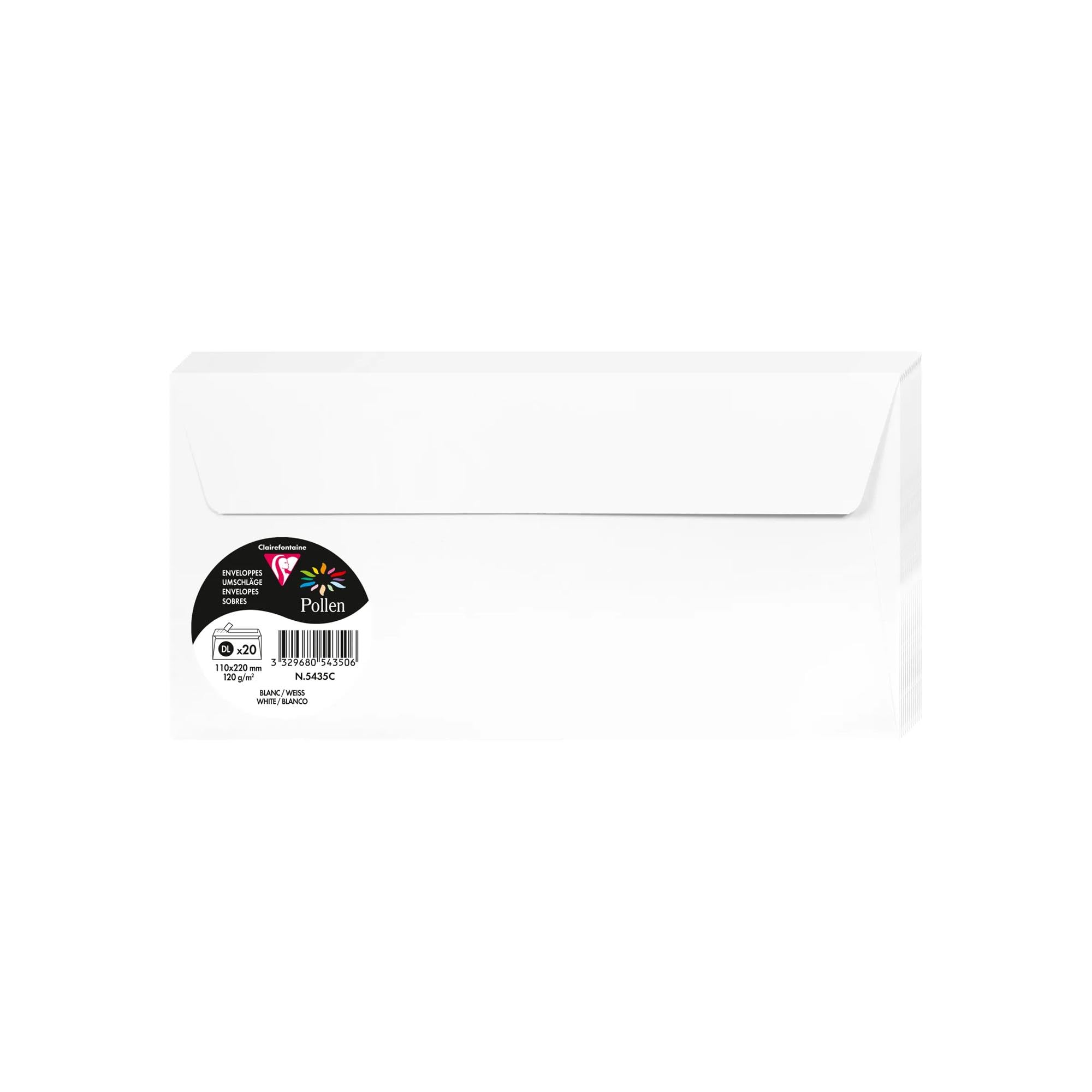 Clairefontaine Enveloppes DL Blanches 120g Auto-​Adhésives Lot 20 – Format standard 11 x 22 cm, Papier Lisse, Invitation Mariage, Faire-​Part, Cartes et Correspondance – Pollen – Référence 5435C