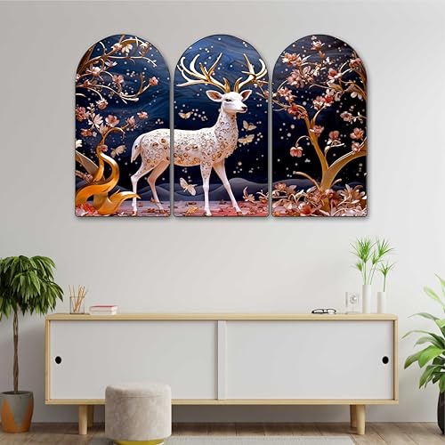 Image of Livin'luxe White Deer Fantasy Arch Shape Wall Painting Set of 3 | Floral Golden Design | MDF Textured Panel Artwork for Living Room, Bedroom, Hall & Home Decoration (20 x 30 Inch) RPNS-35383