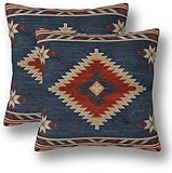 Churent Vintage Southwest American Pillow Covers 18 x 18 Set of 2 Geometric Pattern Throw Pillow Cover Vintage Blue Red Farmhouse Decorative Pillowcases for Living Room Couch Bed Sofa Outdoor