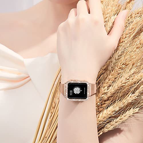 Joyozy Slim Stainless Steel Band Compatible with Apple Watch 38mm 40mm 41mm 42mm 44mm 45mm 46mm Milanese Strap with Bling Glitter Case and Screen Protector, Dressy Bracelet Band for Women (Rose gold 45mm)