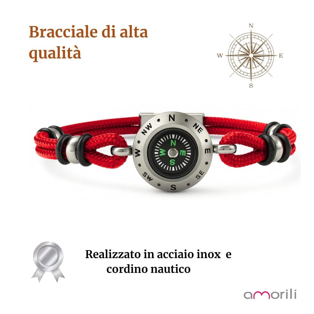 Bracciale Uomo Bussola Rosa dei Venti in Acciaio Inox e Corda | Stile Nautico Marinaro | Accessorio Elegante e Sportivo | Idea Regalo per Amanti del Mare