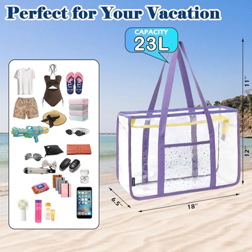 Image of Fammart Clear Beach Bag for Women, Large Pool Tote Cruise Vacation Essentials - Zipper Closure, Waterproof, Sandproof
